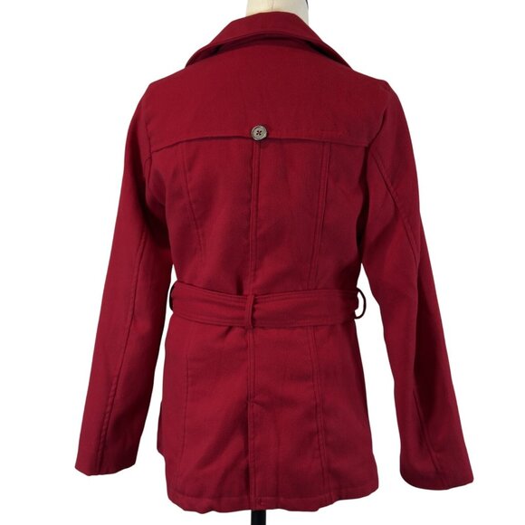 Rue 21 Womens Red Pea Coat Double Breasted Long Sleeve Belted Zip Pockets Size M - Picture 2 of 16